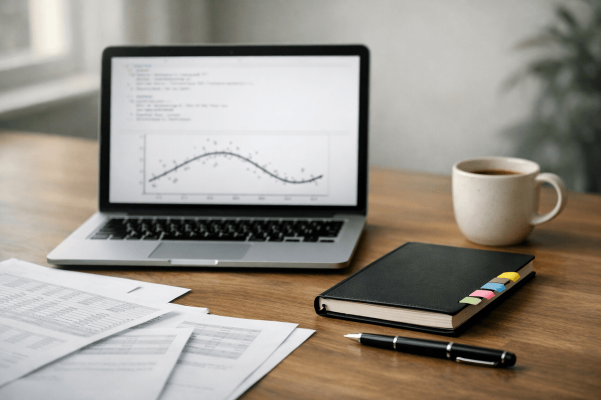 Aufgeräumter Schreibtisch mit Laptop und Materialien für reproduzierbare Regressionsanalyse